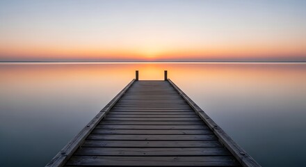 Obraz premium Serene Wooden Dock Extending Into Calm Water During Sunset