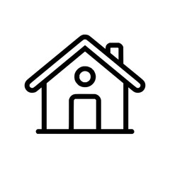 Simple house icon with a chimney and a round window in the roof in black outline on a white background