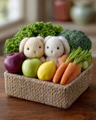 Adorable stuffed bunnies nestled in basket with fresh fruits and vegetables, perfect for teaching Kwanzaa for children