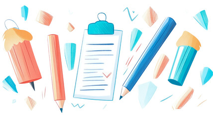 Vibrant and dynamic illustration featuring colorful pencils, pens, clipboard with completed checklist, and abstract geometric shapes floating creatively on sleek black background