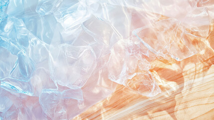Fototapeta premium Abstract composition of crumpled translucent plastic film showcasing cool blue to warm orange gradient, illuminated by gentle sunlight patterns on natural wooden surface.