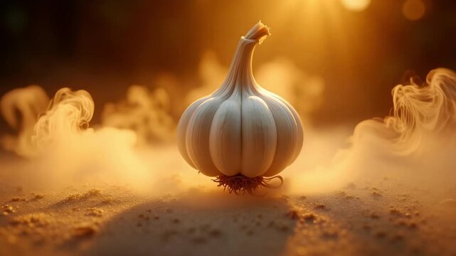 Vibrant garlic gently floating in glowing mist creating a natural cinematic atmosphere, fresh, detailed, inviting culinary essence in 4k
