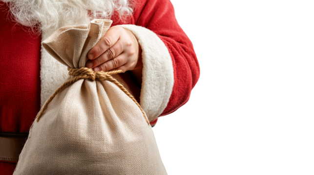 Ai Santa Claus holds a Christmas gift bag with a cheerful expression during the holiday season