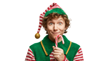 Ai happy elf holding a candy cane and smiling joyfully during the holiday season