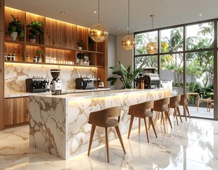 Modern cafe interior, wood and marble design