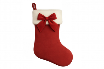 Christmas stocking with red bow and white fur cuff, ready for holiday gifts, isolated on transparent background