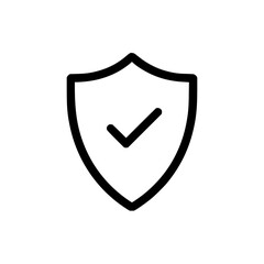 Black outline of a shield with a check mark inside representing security and protection in a simple style