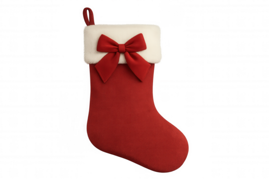 Christmas stocking with red bow and white fur cuff, ready for holiday gifts, isolated on transparent background