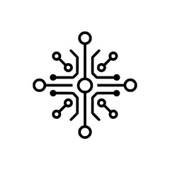 Black and white circuit board design with connecting lines and circular nodes in a symmetrical pattern