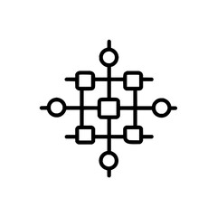 Geometric network with squares and circles connected by lines in a symmetrical arrangement on white background