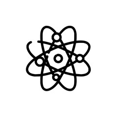 Illustration of a black atom symbol with orbiting electrons on a white background in a simple line drawing
