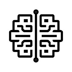 Stylized brain icon with circuit board pattern and central spine with circular ends in black and white