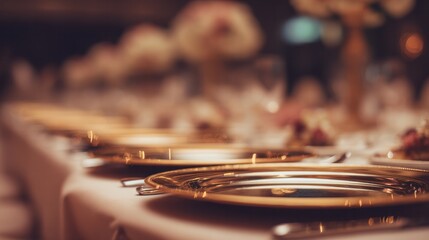 Fototapeta premium Gourmet banquet table with plated chef creations under golden ambient lighting.