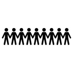 Row of stick figure people holding hands together in unity and connection