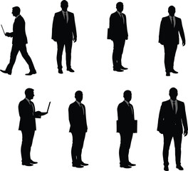 Businessman silhouette illustration, professional pose, corporate attire, laptop user, briefcase holder, walking stance, office figure, black design, vector art