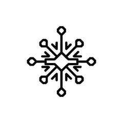 A stylized snowflake design with geometric shapes and a symmetrical pattern in a minimalist black outline