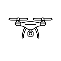 Outline illustration of a drone with two propellers and a camera hanging underneath in black and white
