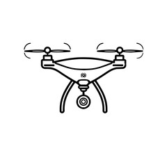 Illustration of a black outlined drone with four propellers and a camera isolated on a white background