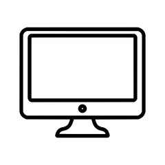 Outline drawing of a computer monitor with a stand and a power button in black and white style
