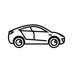 A simple line drawing of a modern car with visible wheels doors and sleek roofline on a white background