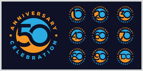 Collection of anniversary circle round logo design. Celebration day special vector icon, creative number 10 to 100 symbol graphics