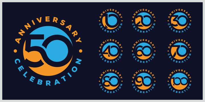 Collection of anniversary circle round logo design. Celebration day special vector icon, creative number 10 to 100 symbol graphics