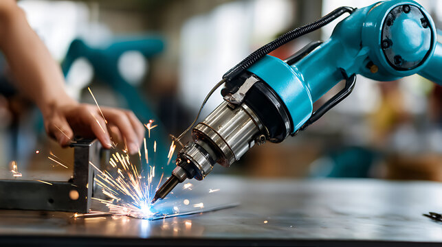 Robotic arm performing precision welding with sparks flying as a human operator guides the process in an industrial setting