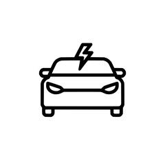 Front view of a stylized electric car with a lightning bolt symbol on top in a simple black outline