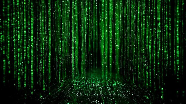 Exploring a virtual world filled with flowing green data in a digital environment