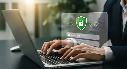 Business professional using laptop with digital security shield and login screen overlay