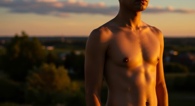 Contemplative man standing shirtless bathed in golden light with a serene nature backdrop - Powered by Adobe