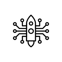 Outline drawing of a rocket ship connected to a circuit board with circles on the ends of the wires