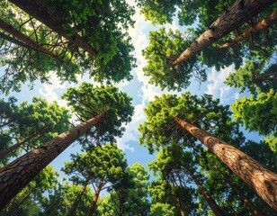Fototapeta premium Looking up through the tall trees A serene view of a vibrant forest canopy with a blue sky