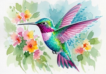 Obraz premium Watercolor painting of a vibrant hummingbird hovering near colorful flowers, with delicate wings and bright plumage