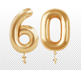 Vector realistic isolated golden balloon number 60 on the transparent background. Concept of Happy Birthday, anniversary and jubilee.