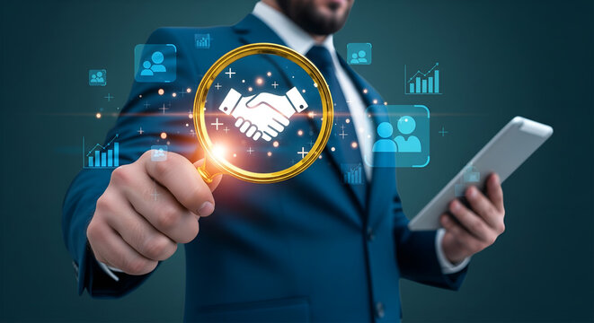 Businessman examines digital handshake icon through magnifying glass with business data overlays