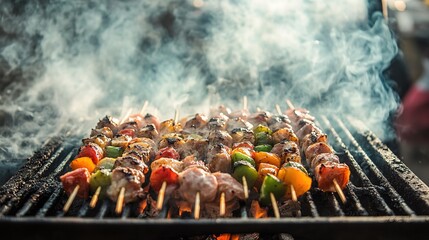 Grilled skewers with meat and colorful vegetables smoke over a barbecue, creating a mouthwatering and inviting outdoor cooking scene.