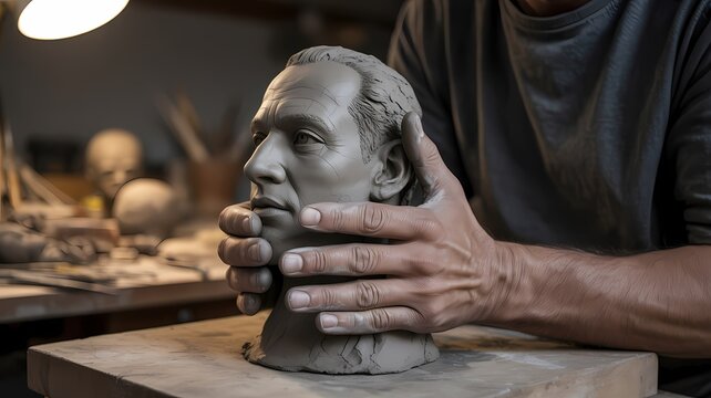 A man sculpting a clay head with his hands in a dimly lit studio setting art