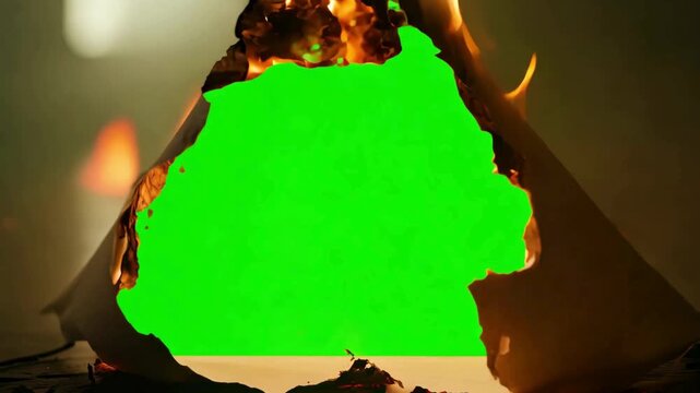 A stunning video of a piece of paper slowly burning away to reveal a green screen