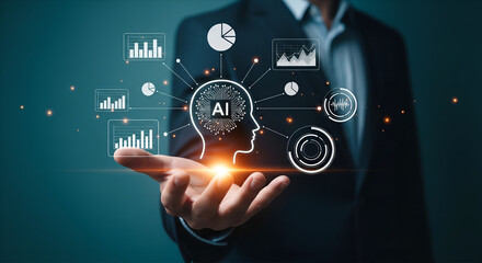 Businessman holding artificial intelligence and data analysis graphics in his hand
