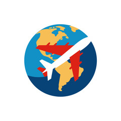 Airplane flying around the globe representing travel and transportation