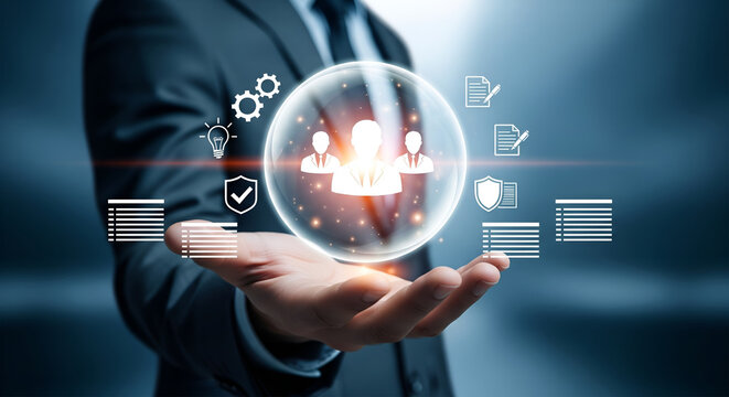 Businessman holding a glowing digital sphere with team members and business icons in a futuristic setting