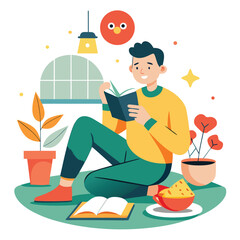 man reads a book alone with food the concept