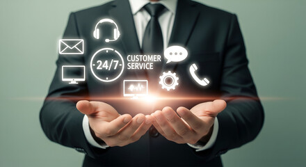 Businessman holding glowing customer service icons and technology symbols in his hands