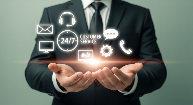 Businessman holding glowing customer service icons and technology symbols in his hands