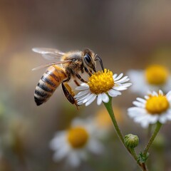 Fototapeta premium Cheerful World Bee Day scene with beekeepers checking wooden hives, honeybees collecting nectar from colorful flowers, volunteers explaining pollination’s role in ecosystems, and displays of bee conse
