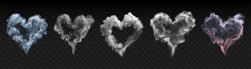 Vector set of smoke hearts isolated on transparent background.