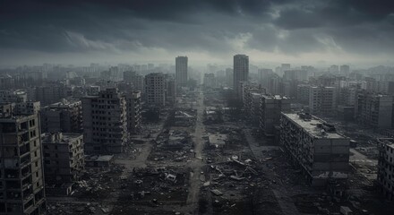 Fototapeta premium Post-Apocalyptic urban landscape with derelict buildings and dark, dramatic sky