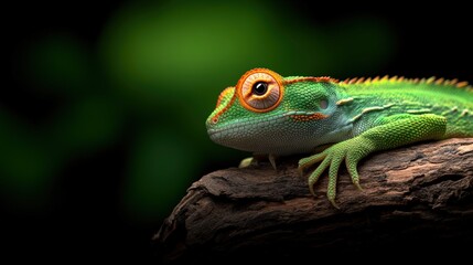 Naklejka premium A vibrant lizard rests on a log, showcasing intricate scales and bright colors against a subtle green background, This image is perfect for nature-themed projects, education, or wildlife publications