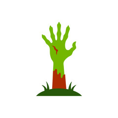 Green zombie hand reaching out of the ground with blood